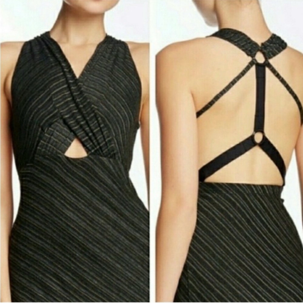 Free People Black Striped Midi Dress with Ring Strappy Open Back